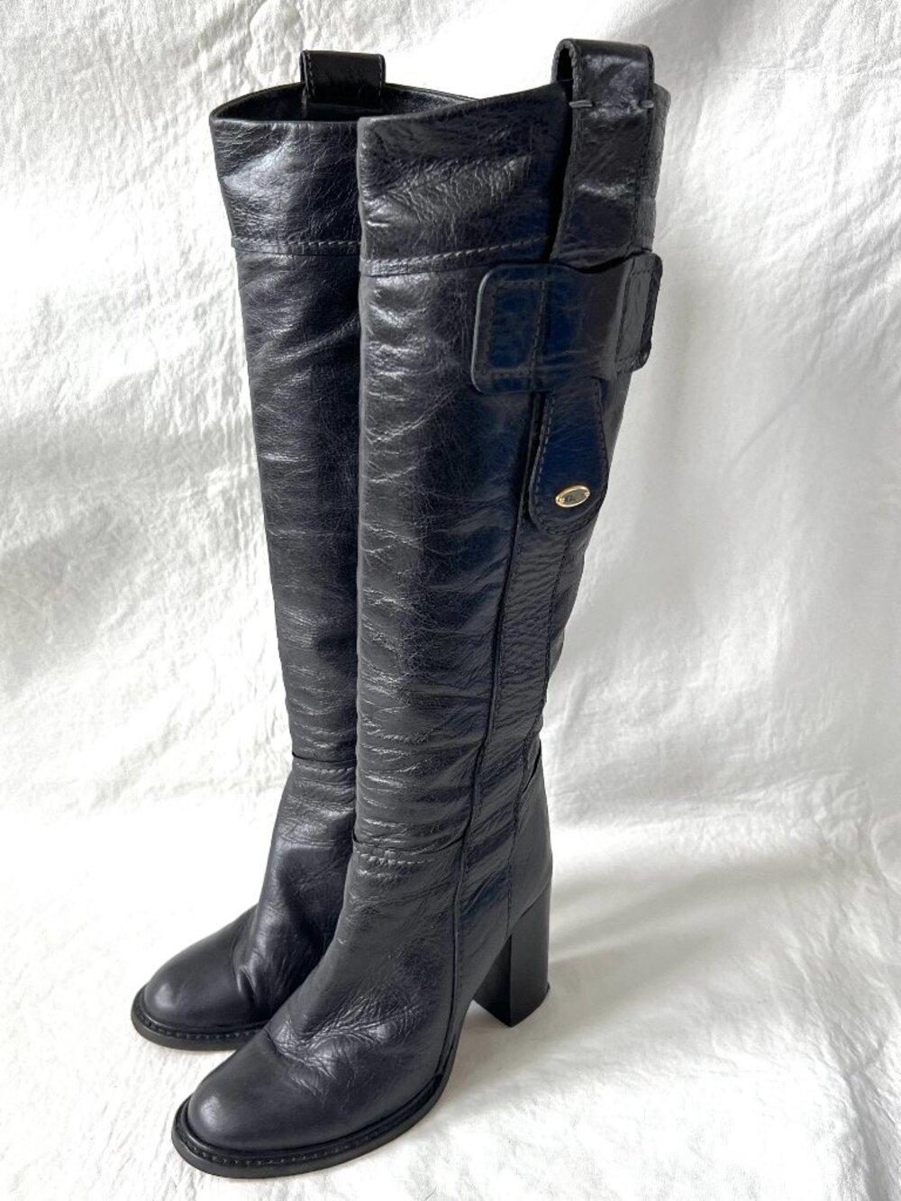 Chloe boots knee high block heeled black leather 36.5 6.5 pull on tall Isetta